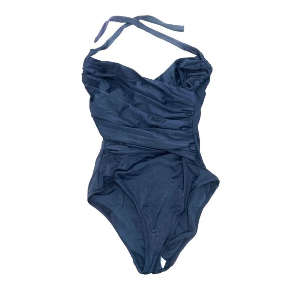 JCrew One Piece Swimsuit Womens 2 Black Halter Faux Wrap Tummy Control Classic - Picture 1 of 16